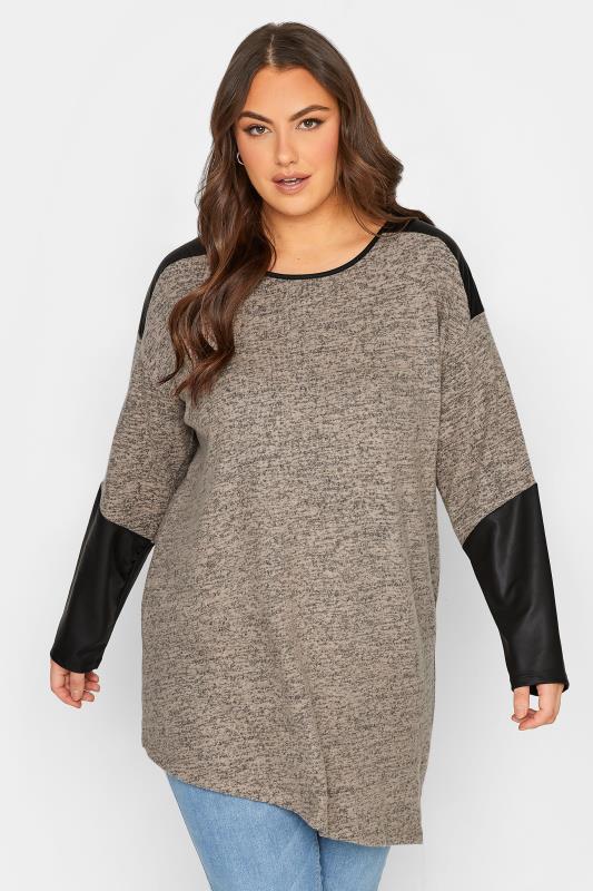Curve Plus Size Charcoal Grey & Black Soft Touch Faux Leather Top | Yours Clothing 1