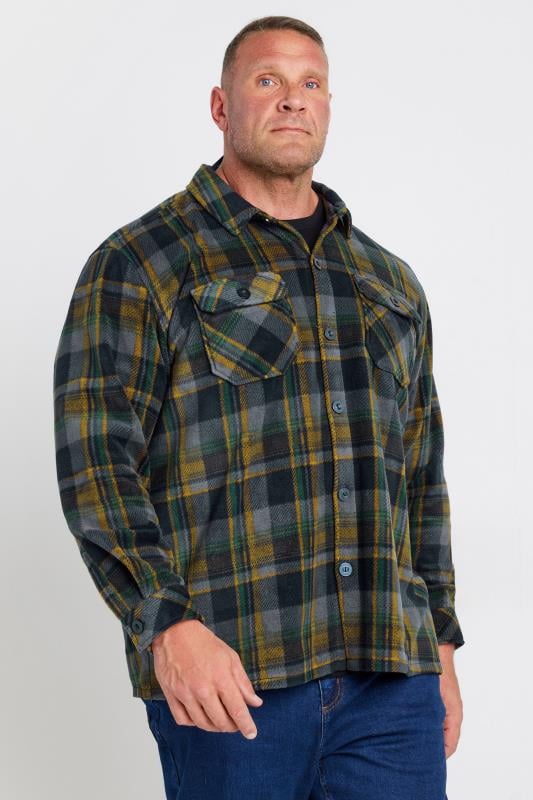 BadRhino Big & Tall Blue & Yellow Checked Fleece Button Down Shacket | BadRhino 2