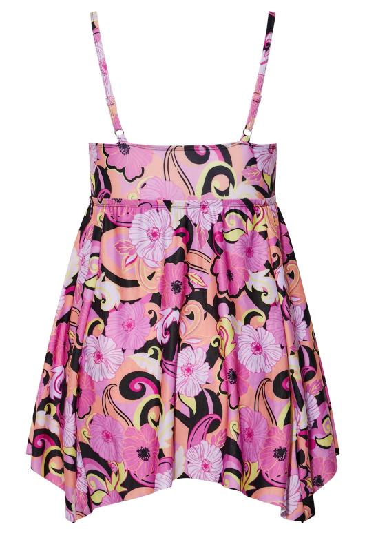 Plus Size Pink Retro Floral Print Hanky Hem Swim Dress | Yours Clothing 7