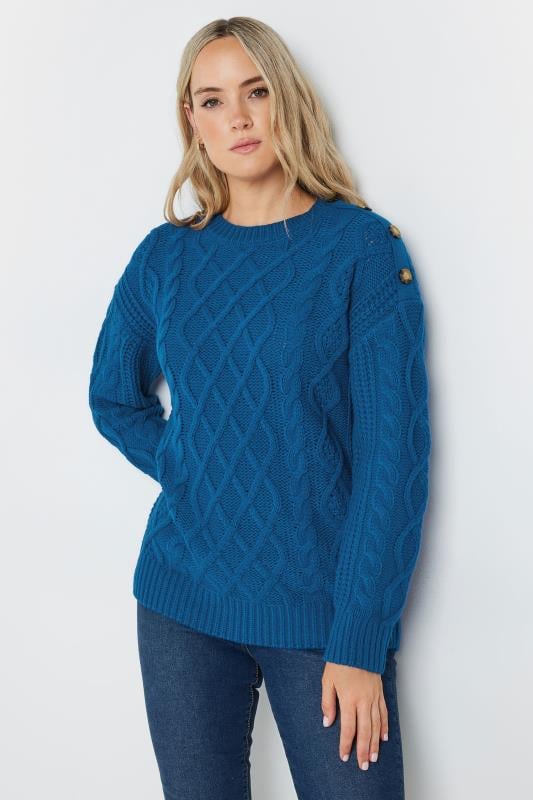 LTS Tall Cobalt Blue Button Detail Cable Knit Jumper | Long Tall Sally 1