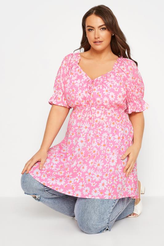 Plus Size Pink Daisy Puff Sleeve Tunic Top | Yours Clothing 4