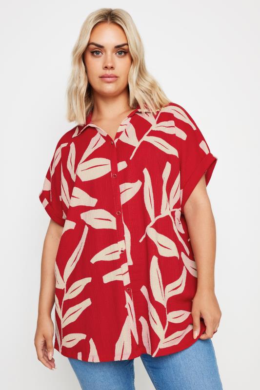 YOURS Plus Size Red Leaf Print Crinkle Short Sleeve Shirt | Yours Clothing 1