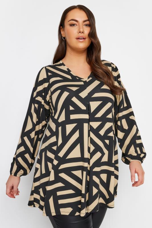  Grande Taille YOURS Curve Brown Geometric Print Balloon Sleeve Top
