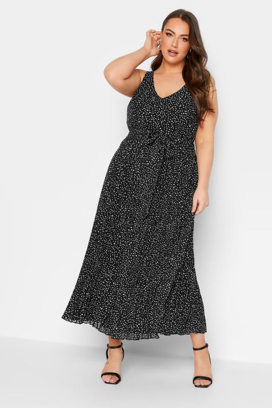 YOURS LONDON Plus Size Black Spot Print Pleated Maxi Dress | Yours Clothing 2