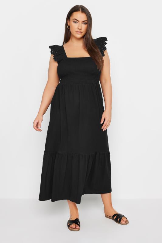 YOURS Plus Size Black Frill Sleeve Shirred Midaxi Dress | Yours Clothing 1