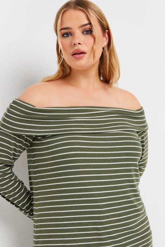 YOURS Plus Size Green Stripe Long Sleeve Bardot Top | Yours Clothing 4