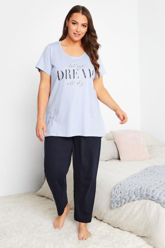Plus Size Blue 'Let Me Dream All Day' Wide Leg Pyjama Set | Yours Clothing 2