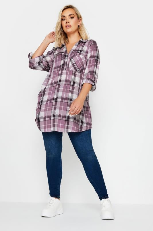 YOURS Plus Size Purple Check Print Boyfriend Shirt | Yours Clothing 3