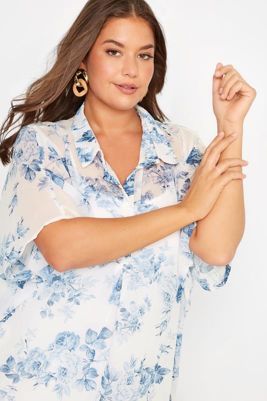 Plus Size White & Blue Floral Print Batwing Blouse | Yours Clothing  4