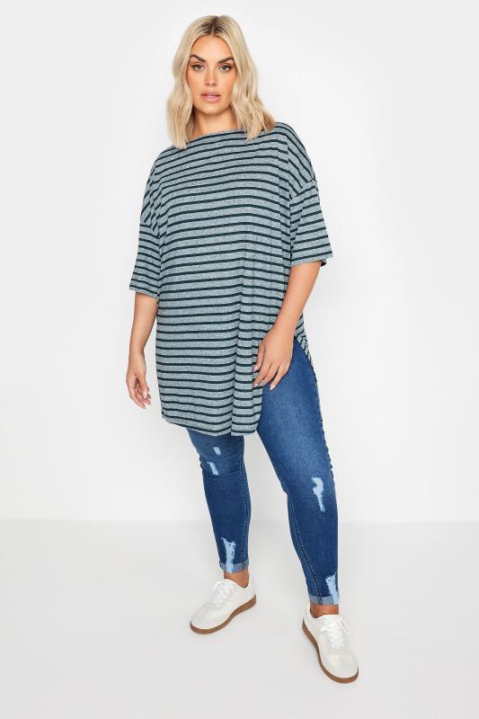 YOURS Plus Size Blue Stripe Oversized Linen T-Shirt | Yours Clothing 2