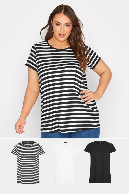 3 PACK Plus Size Black & White & Stripe T-Shirts | Yours Clothing 1