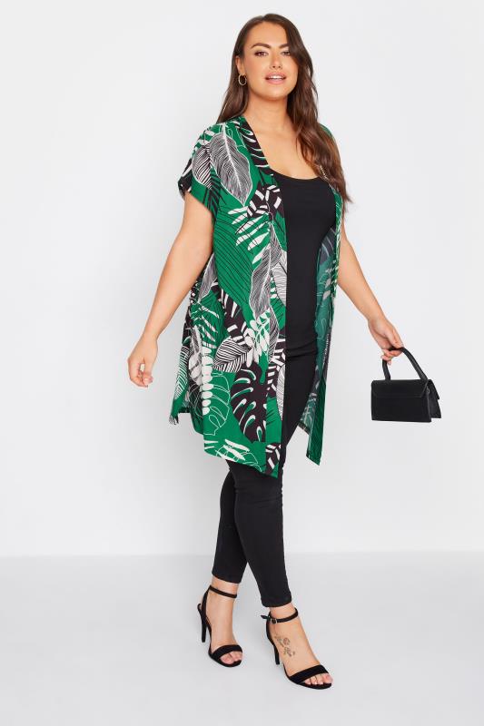 Plus Size Green Leaf Print Grown On Sleeve Kimono | Yours Clothing 2