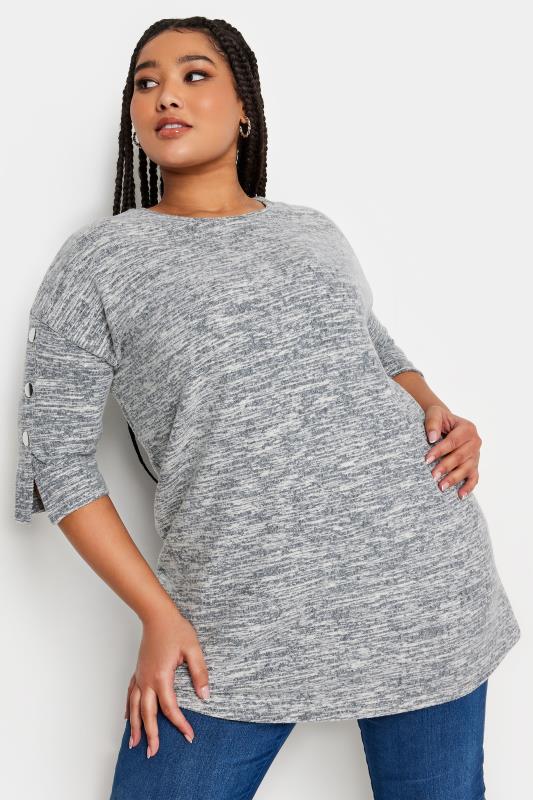 Plus Size  YOURS Curve Grey Marl Soft Touch Button Detail Top