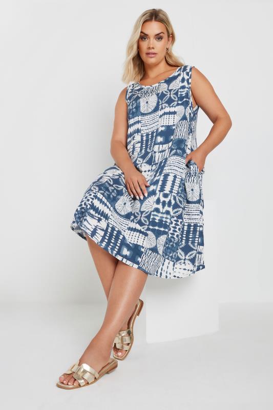 YOURS Plus Size Blue Tile Print Pocket Swing Dress | Yours Clothing 1