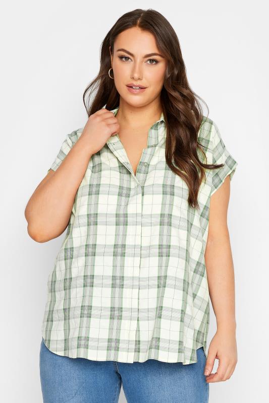 YOURS Plus Size Sage Green Check Print Collared Shirt | Yours Clothing 1