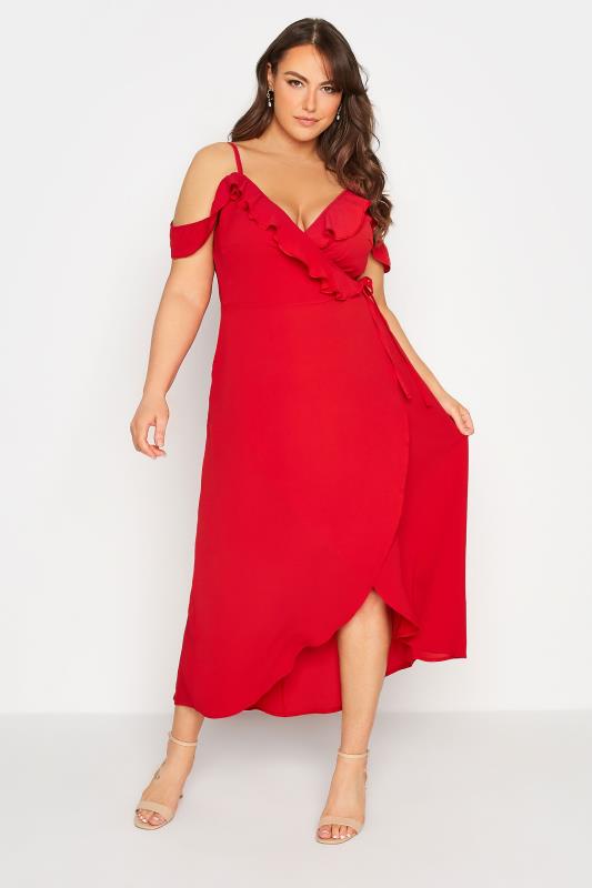  dla puszystych YOURS LONDON Curve Red Ruffle Wrap Maxi Dress