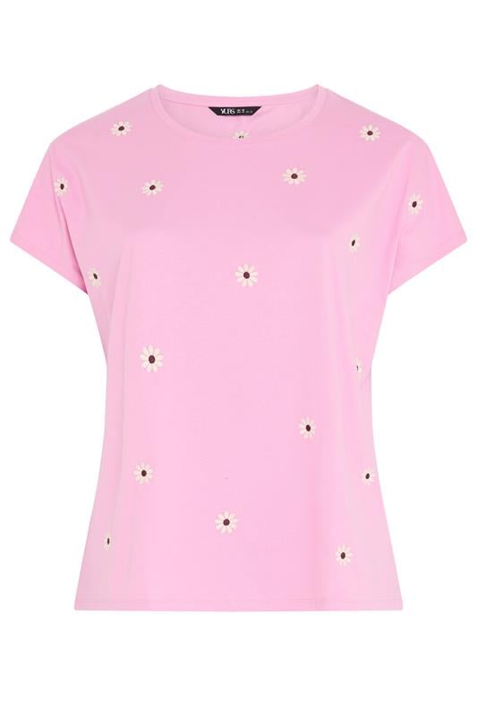 YOURS Plus Size Light Pink Embroidered Daisy T-Shirt | Yours Clothing 5