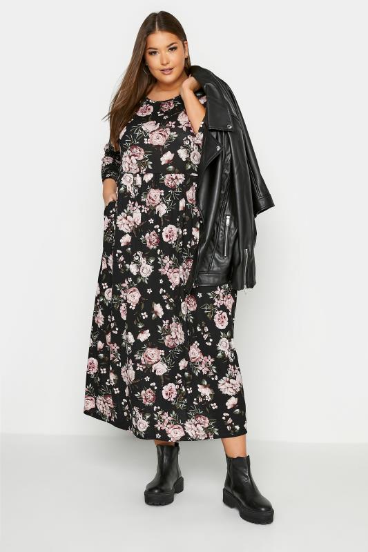 Curve Black & Pink Floral Pocket Midaxi Dress_B.jpg