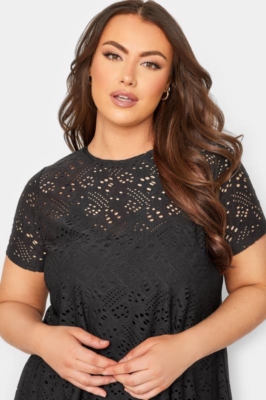 Plus Size Black Broderie Anglaise Swing T-Shirt | Yours Clothing 4