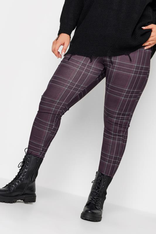 Plus Size Purple Check Leggings | Yours Clothing 1
