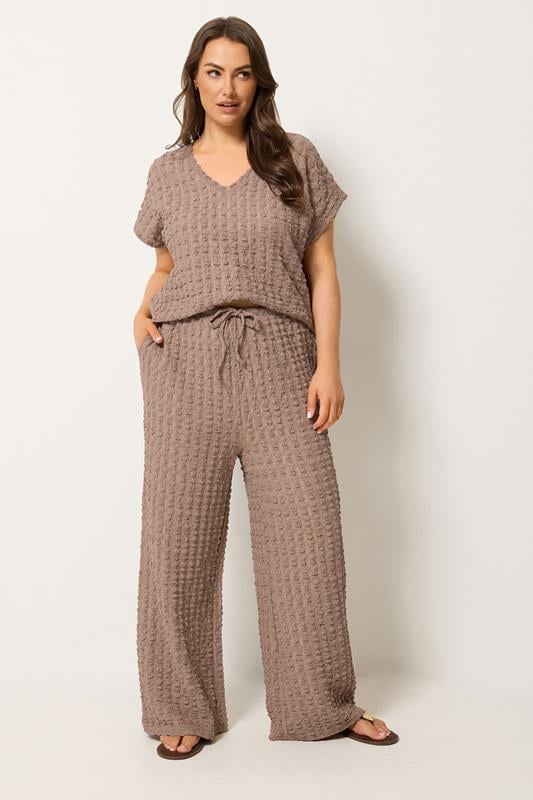 YOURS Plus Size Brown Bubble Textured Wide Leg Trousers | Yours Clothing 1