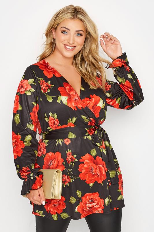  dla puszystych YOURS LONDON Curve Black & Red Floral Wrap Top
