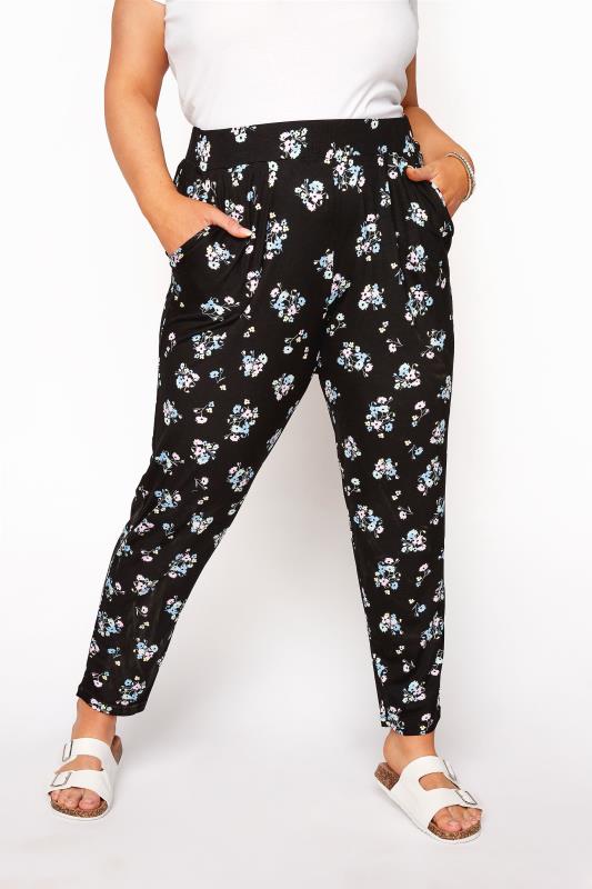 Black Pastel Floral Print Pleated Harem 