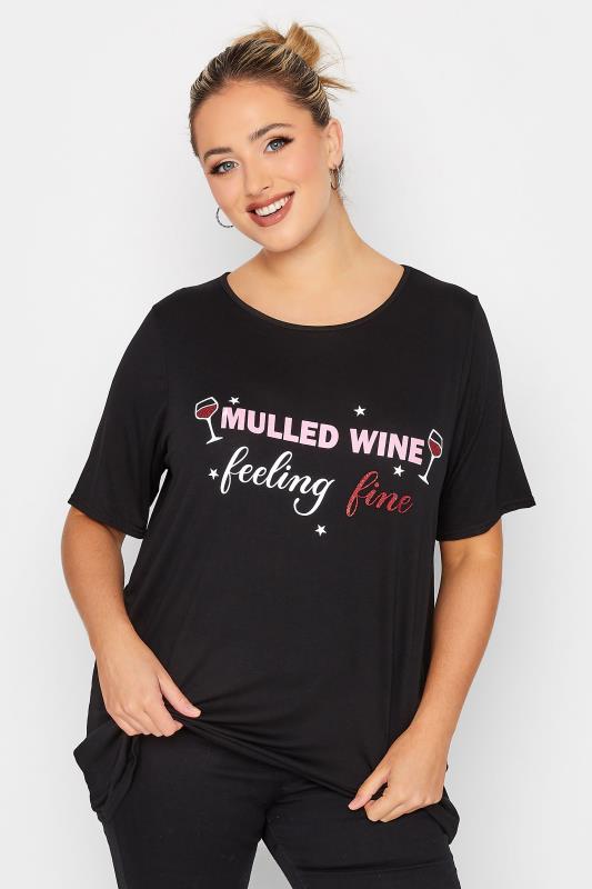 Plus Size Black 'Mulled Wine' Glitter Slogan Christmas T-Shirt | Yours Clothing 1