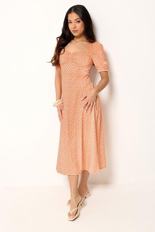 PixieGirl Petite Women's Orange Floral Ruched Midi Dress | PixieGirl 1