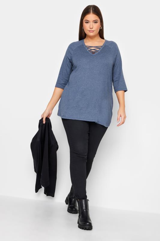 YOURS Plus Size Blue Marl Lace Up Eyelet Top | Yours Clothing 2