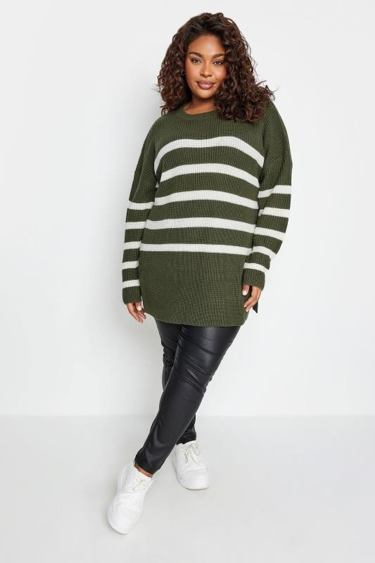 YOURS Plus Size Khaki Green Stripe Side Split Knitted Jumper | Yours Clothing 2