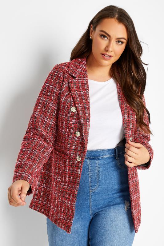Plus Size  YOURS Curve Red Check Boucle Blazer