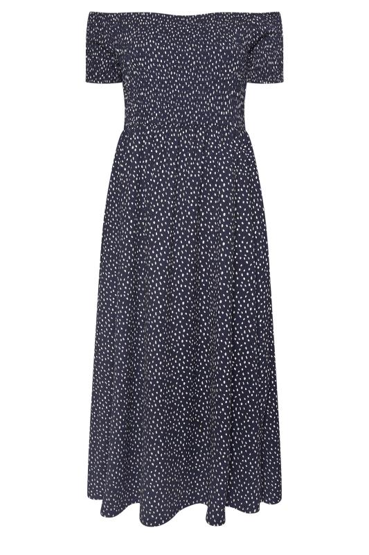 YOURS Plus Size Navy Blue Dot Print Bardot Midaxi Dress | Yours Clothing 5