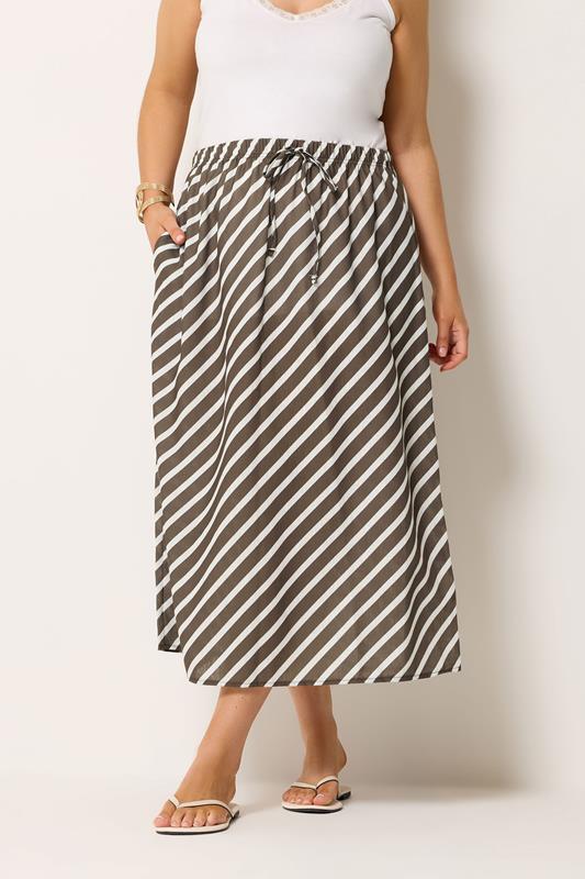 YOURS Plus Size Ivory White Linen Look Stripe Skirt | Yours Clothing 1
