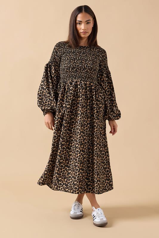 PixieGirl Petite Women's Brown Animal Shirred Puff Sleeve Maxi Dress | PixieGirl 1