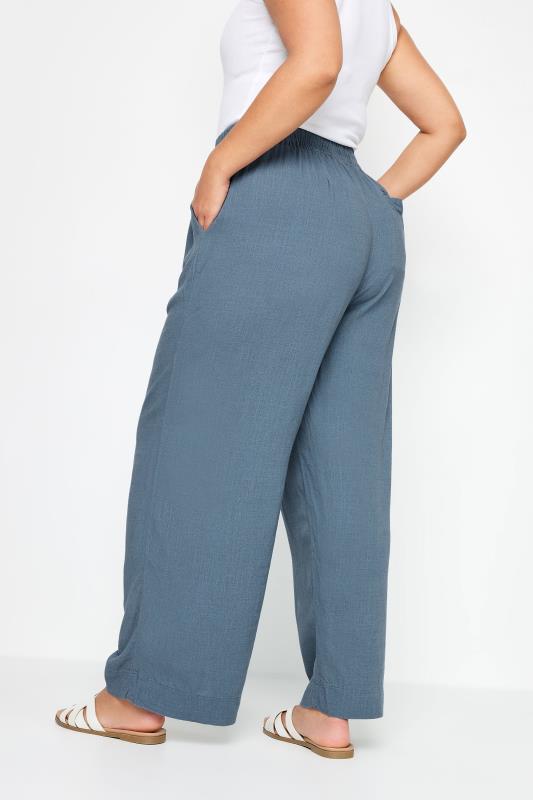 YOURS Plus Size Blue Pull On Wide Leg Linen Trousers | Yours Clothing 3