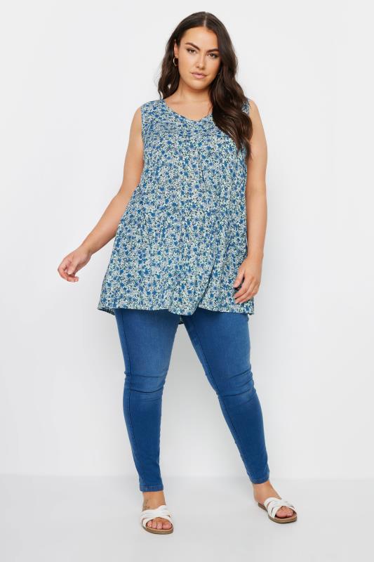 YOURS Plus Size Blue Floral Print Pleated Vest Top | Yours Clothing 2
