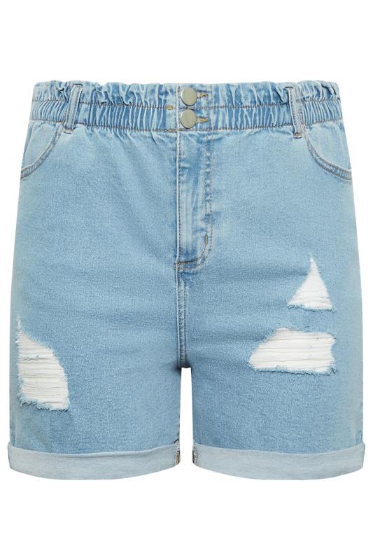 YOURS Plus Size Light Blue Ripped Elasticated Waist Denim Shorts | Yours Clothing 3
