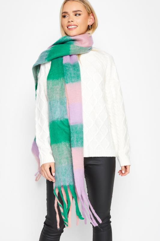 Plus Size  Yours Pink & Green Block Check Chunky Tassel Scarf