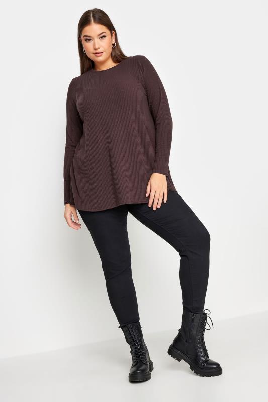 YOURS Plus Size Chocolate Brown Long Sleeve Ribbed Swing Top | Yours Clothing 2
