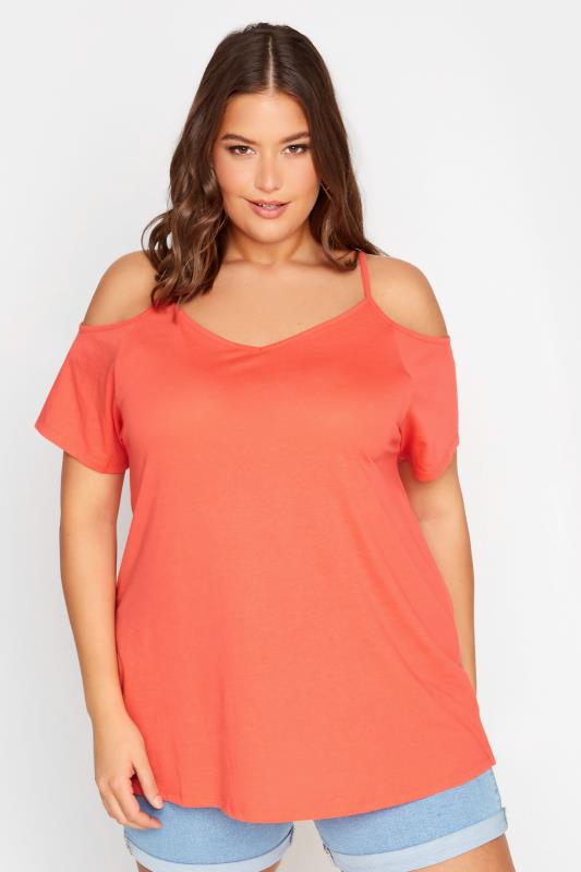 YOURS Plus Size Curve Coral Orange Cold Shoulder T-Shirt | Yours Clothing  1