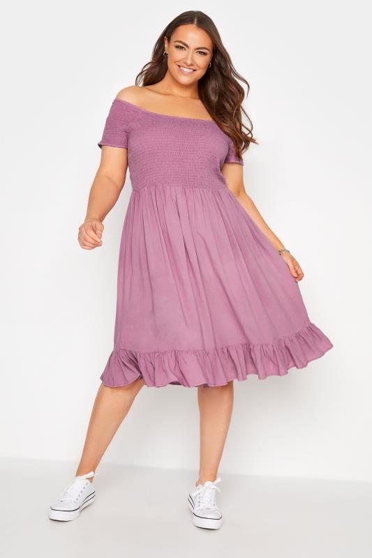 Plus Size  Pink Acid Wash Shirred Bardot Dress