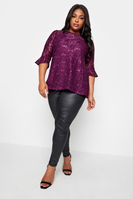 YOURS Plus Size Purple Lace Sequin Embellished Swing Top | Yours Clothing 2