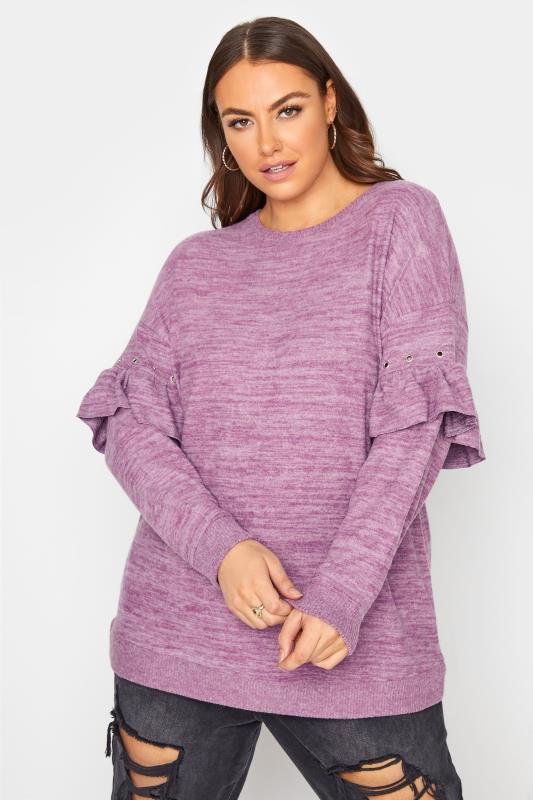  Grande Taille Purple Frill Sleeve Brushed Knitted Jumper