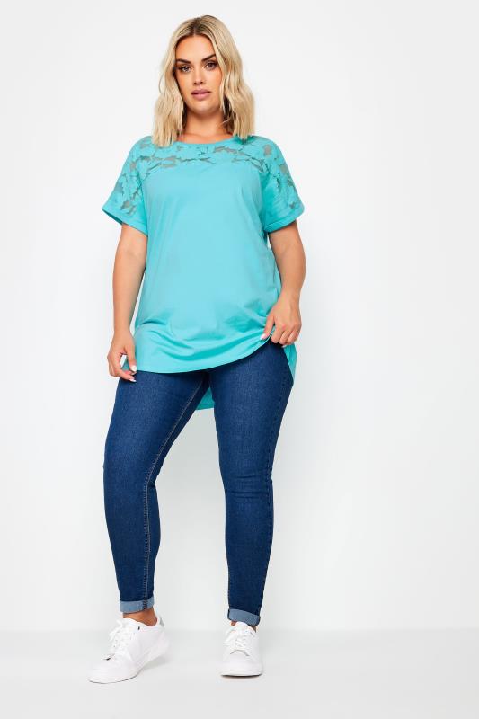 YOURS Plus Size Blue Floral Mesh Panel T-Shirt | Yours Clothing 2