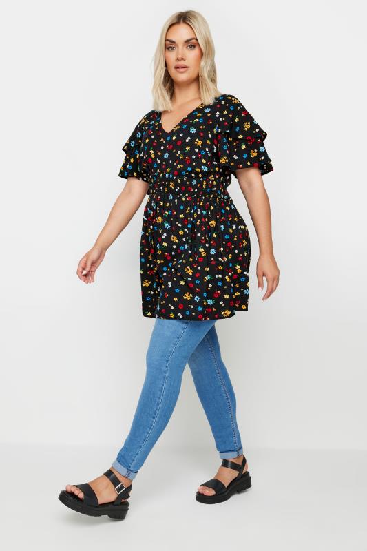 YOURS Plus Size Black Ditsy Print Flutter Sleeve Peplum Top | Yours Clothing  2
