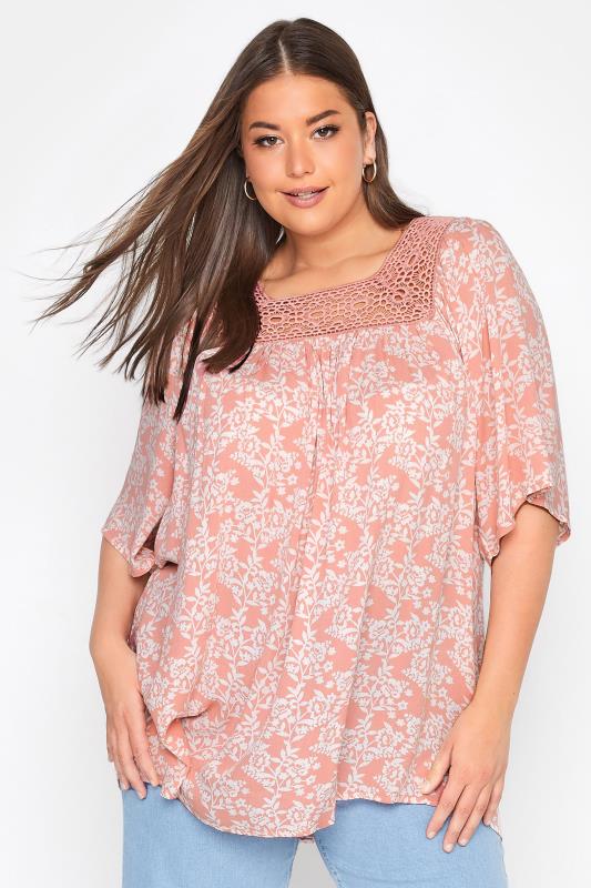 Plus Size Coral Pink Floral Square Neck Top | Yours Clothing 1