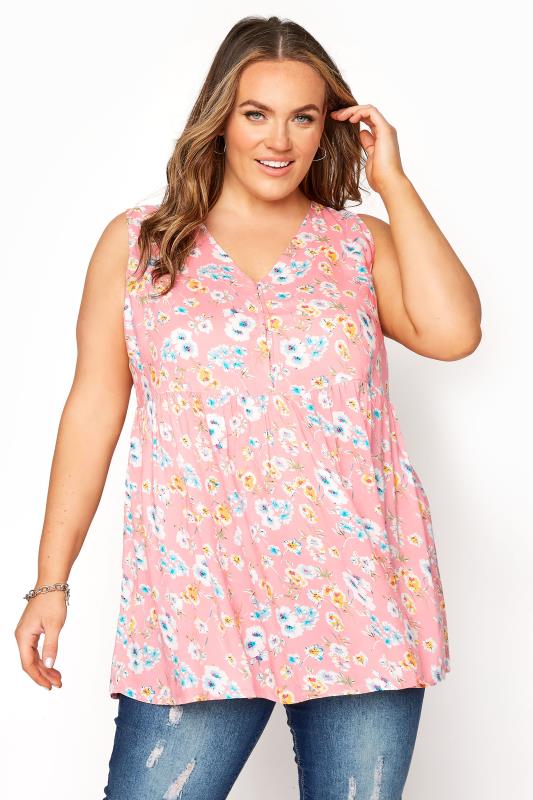 Curve Pink Floral Hook & Eye Front Sleeveless Smock Top_A.jpg