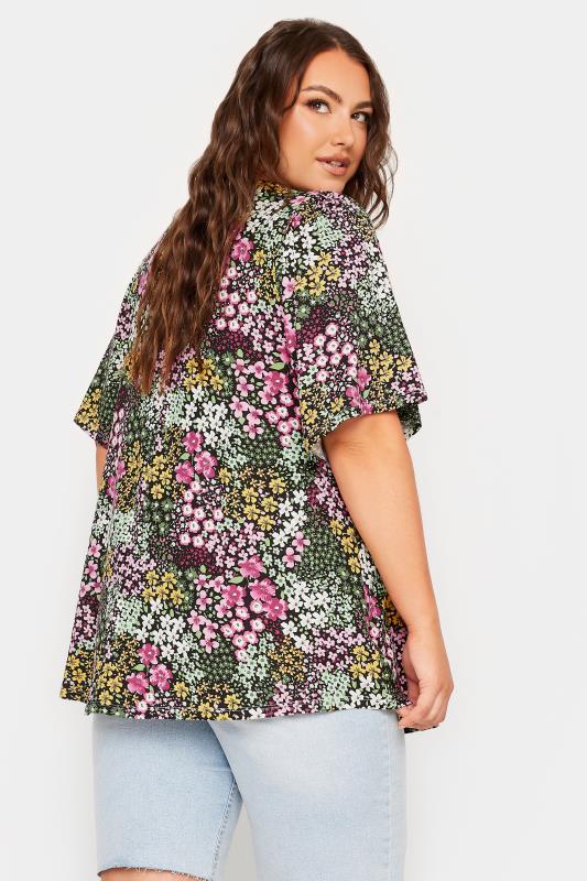 YOURS Plus Size Black Floral Pleat Angel Sleeve Swing Top | Yours Clothing 3