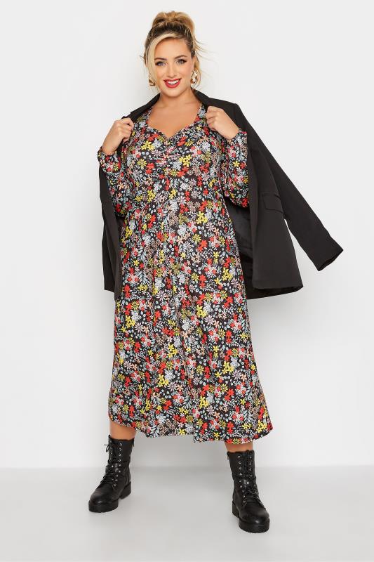 LIMITED COLLECTION Plus Size Black Floral Ruched Midi Dress | Yours Clothing 2